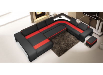 Obývací souprava U-čalouněná pohovka s LED a USB, garnitura pohovky ve tvaru U, kůže.