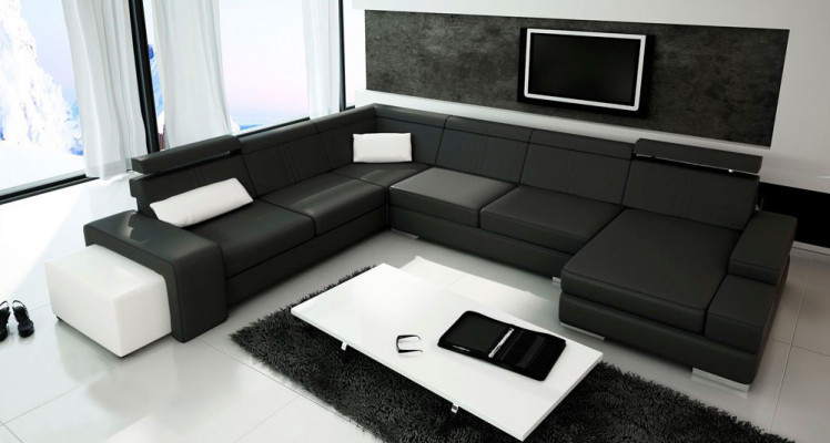 U-Formová pohovka s USB, čalouněná sedací souprava ze skutečné kůže, rozkládací rohová souprava XXL, nová