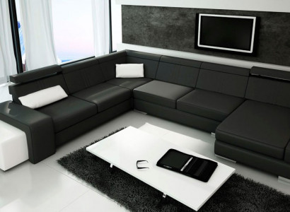 U-Formová pohovka s USB, čalouněná sedací souprava ze skutečné kůže, rozkládací rohová souprava XXL, nová