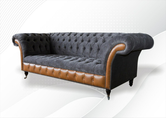 Chesterfield sedací souprava Pohovka 3místná šedá textilie látkové šedé pohovky