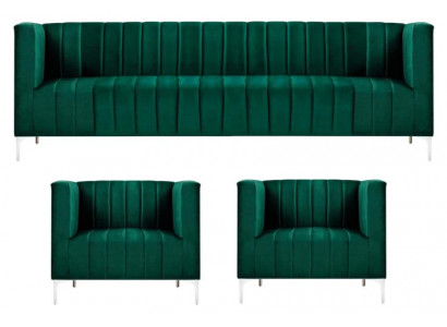 Sofa set Třísedák Tkanina Obývací pokoj Samet Design Zelená Pohovka 2 Křesla Skupina