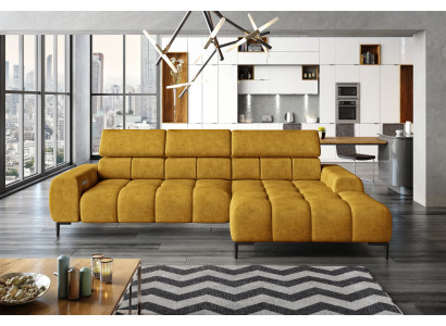 Čalouněná rozkládací pohovka s textilem, funkce postele, designový rohový gauč L tvaru.