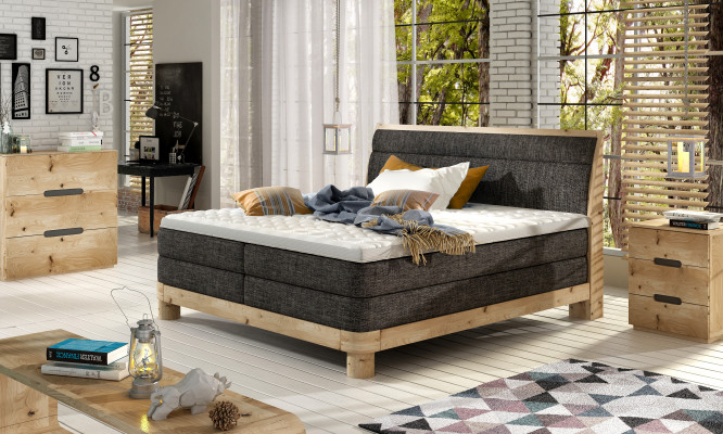 Dubová postel ze skutečného dřeva Boxspring postele Masivní dvoulůžko Dřevo Čalouněný design