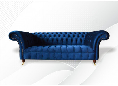 Chesterfield 3místná modrá designová pohovka potahovaná sametovou látkou luxusního materiálu