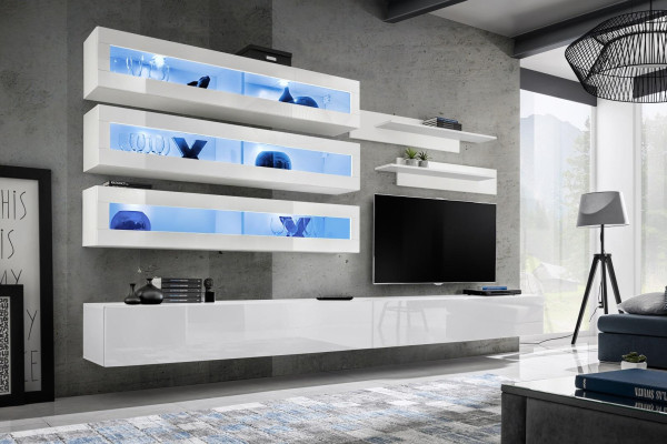 Sada do obývacího pokoje 7 kusů v designovém stylu: obývací stěna, TV stojan, 2x závěsné regály.