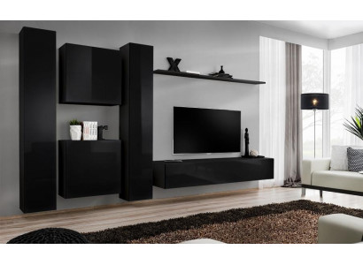 Černá stěna s TV stojanem Luxusní set nábytku do obývacího pokoje 6 dílů moderní.