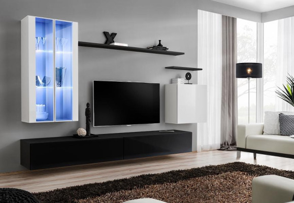 Obývací pokoj Černý TV stojan Designér Kompletní set Stěnná police Moderní Nový Nábytek