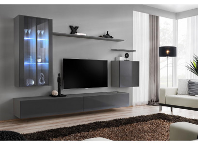 Obývací stěna šedá, nábytek do obývacího pokoje, závěsná skříň, dřevěný nábytek, luxusní komoda, nová.