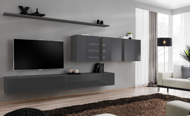 Moderní šedá stěna s TV stojanem designéra, komoda, dřevěný nábytek, skříň, zdi.