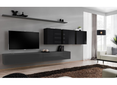 Obývací stěna šedá kompletní 7dílná designerská dřevěná nábytek skříň na zeď a regál.