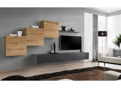 Designer obývací nábytek v šedé barvě s TV stojanem, moderní komodou a regálem na zeď