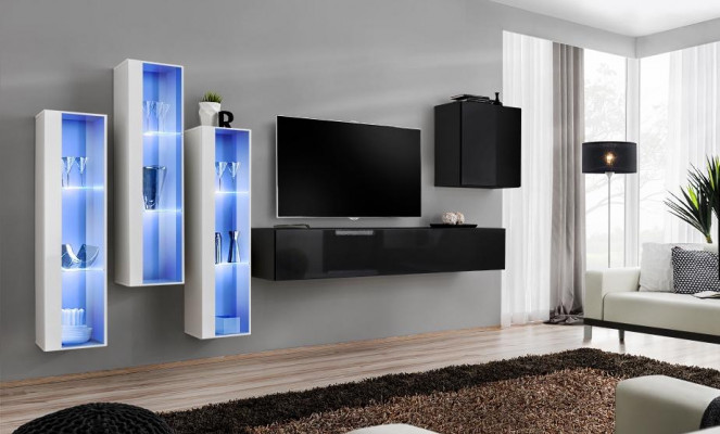 Černý televizní stojan s vestavnými skříněmi, sada 5 kusů, nábytek z masivního dřeva, nový designérský.