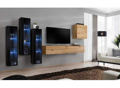 Moderní stěna v obývacím pokoji hnědá televizní stojan stěnový skříň nábytek z masivního dřeva designový lesk.