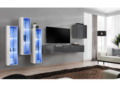 Obývací stěna šedá moderní vysoký lesk TV stojan nábytek ze dřeva sestava