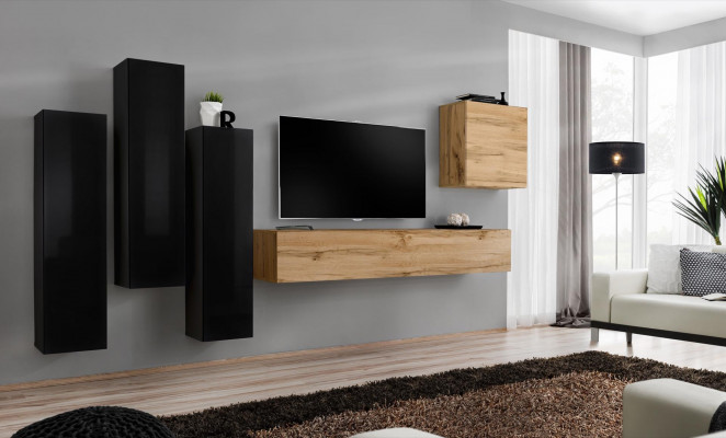 Černý obývací pokoj kompletní set - Komoda, televizní stolek, nástěnná jednotka, luxusní nábytek.