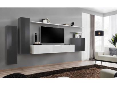 Stěna v obývacím pokoji šedá nábytek luxusní TV stojan dřevo police kompletní