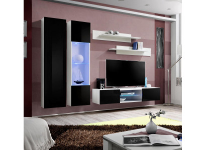 Designer kompletní stěnná vitrína s televizním stojanem v lesklém provedení luxusních stěnných polic.