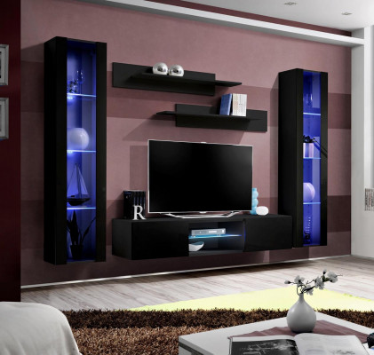Garnitur rtv Set 5 kusů. Černá obývací stěna Skříň na zeď TV stojan Design Nový