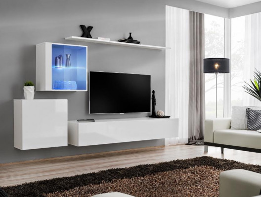Kompletní sada televizní stěny s lesklým bílým sideboardem luxusního designu.