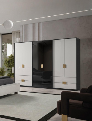 Černobílá šatní skříň do ložnice moderního šatníku se šesti dveřmi.