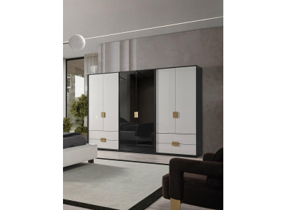 Černobílá šatní skříň do ložnice moderního šatníku se šesti dveřmi.