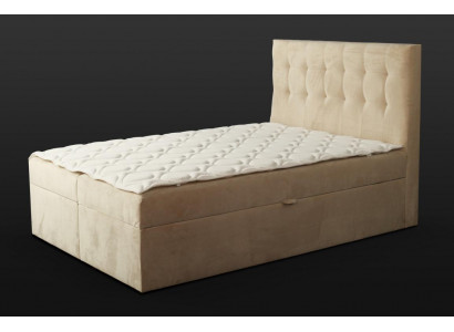 Chesterfield postel bežová ložnice nábytek z dreva elegantní design čalounění látky