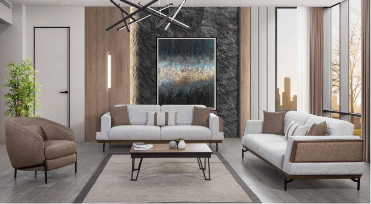 Šedohnědá sedací souprava 3+3+1 místečko obývákový set + luxusní konferenční stolek