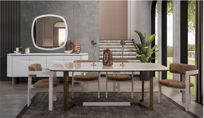 Jídelní set Jídelní stůl 4x židle Komoda Zrcadlo Moderní set Bílá jídelní skupina