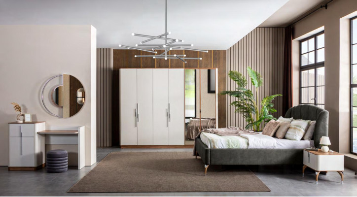 Modern Schlafzimmer Set Bett 2x Nachttische Schminktisch mit Spiegel Schrank Neu