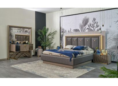 Ložnice s dvojlůžkem, postel hnědá s komodou, sada 4 kusů, konzolový stolek, nový.