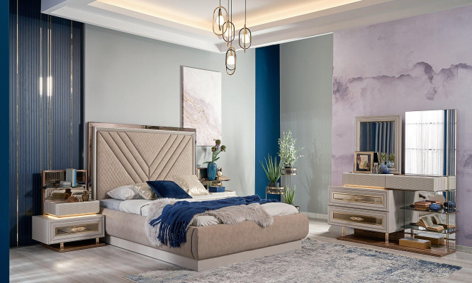 Manželská postel Kompletní ložnice Postel Beige 4dílná Dřevěná toaletní stolek