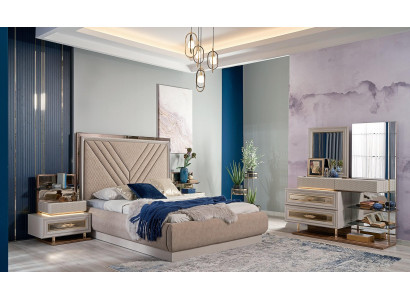 Manželská postel Kompletní ložnice Postel Beige 4dílná Dřevěná toaletní stolek
