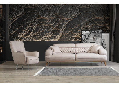 Obývací pokoj, sedací souprava, třímístná pohovka Chesterfield, moderní křeslo, nový design.
