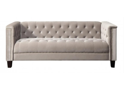 Světle šedá třísedadlová textilní sedací souprava Chesterfield moderního designu pro obývací pokoj.