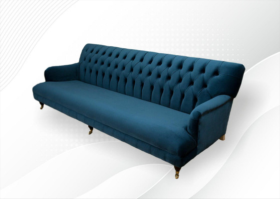 Velká pohovka Chesterfield délka 250 cm, 4 místná kůže textil modrá.