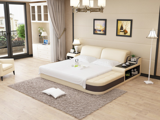 Design Polster Doppel Bett Moderne Schlafzimmer Betten 200x210cm + USB & Regal --- Design podložka manželská postel Moderní ložní postele 200x210 cm + USB a regál