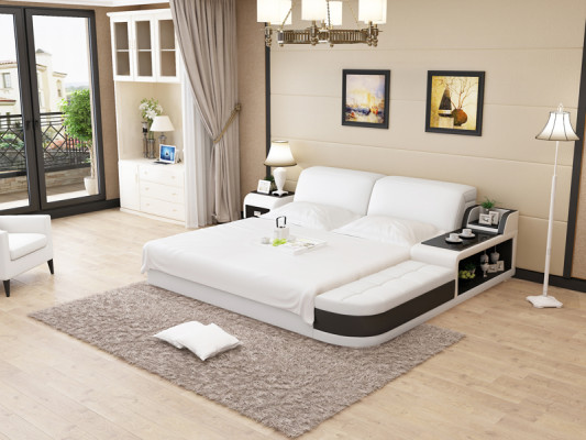 Design Polster Doppel Bett Moderne Schlafzimmer Betten 200x210cm + USB & Regal --- Design podložka manželská postel Moderní ložní postele 200x210 cm + USB a regál