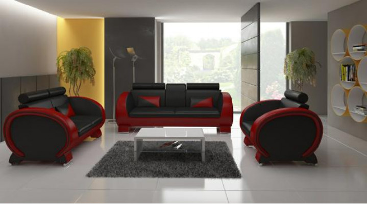 Kožená pohovka + USB pohovka s barem Designový set pohovek 3místná relaxační pohovka