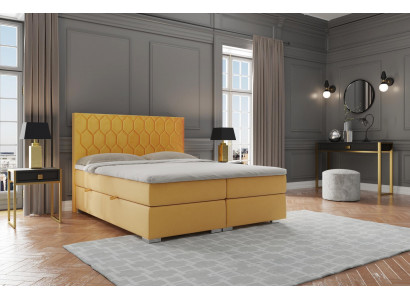 Boxspring lůžko hotelové dvojlůžko luxusní postele potah funkcí lůžková skříň žlutý samet