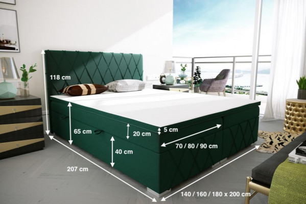 Manželská postel, kompletní sada matrace Boxspring Topper postel funkce box Green.