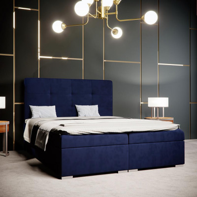 Modré manželské lůžko Boxspring v hotelu, dvojlůžkové luxusní postele s polstrovanou úložnou funkcí, nové.