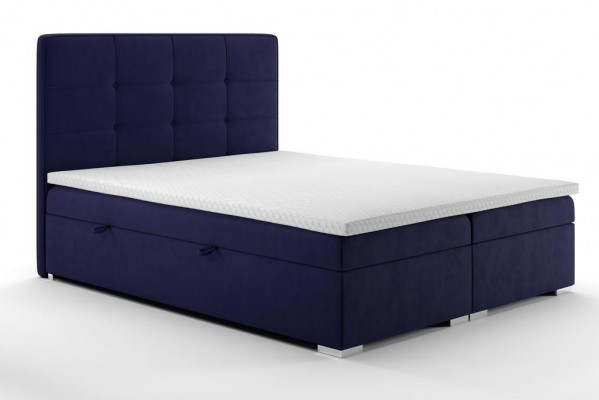 Modré manželské lůžko Boxspring v hotelu, dvojlůžkové luxusní postele s polstrovanou úložnou funkcí, nové.