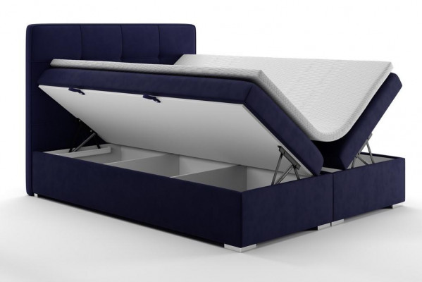 Modré manželské lůžko Boxspring v hotelu, dvojlůžkové luxusní postele s polstrovanou úložnou funkcí, nové.