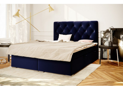 Boxspring postel Hotel Double Modrá Textil Luxus postele Polstrované lůžko Funkce zásuvky