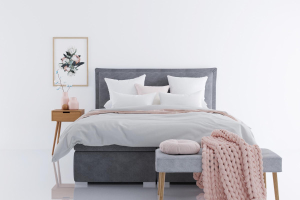 Moderní hotelové postele Boxspring, dvojité luxusní postelové polštáře, funkční lůžka s látkou.
