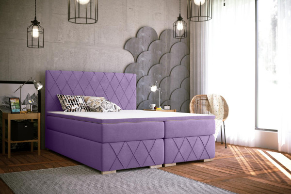 Kompletní sada matrace a nadmatrace Boxspring lůžko fialové polstrované 180x200cm.