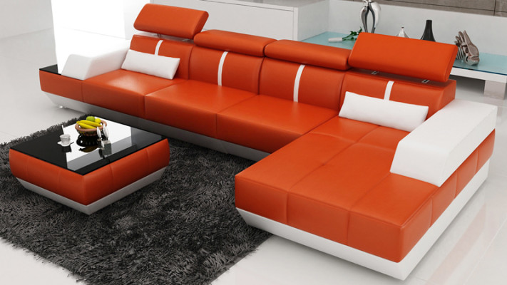 Pohovka ve tvaru L z kůže, sedací souprava rohová, moderní design USB Eu.