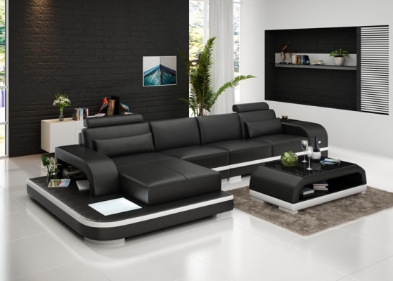 Moderní elegantní design L-tvarová rohová sedací souprava z kůže pro nadčasové obývací prostory.