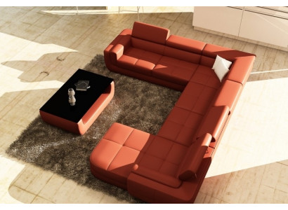 Polstrová kožená pohovka Sofa + USB obývací stěna U tvaru XXL Big Orange Couch Rohová pohovka