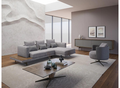 Sofa set do obývacího pokoje, 3 kusy, polstrovaný nábytek, rohová sedací souprava, křeslo, dřevěný konferenční stolek.
